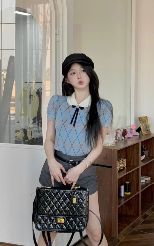 Actual shot~Lingge sweet short college style knitted top with bow knot slim short sleeve T-shirt for women