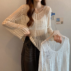 Hollow Knitted Blouse Women's Summer Loose Thin Sunscreen Air Conditioning Shirt Designed Lace Top