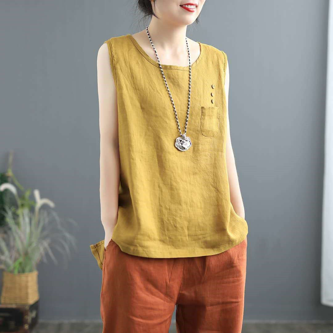 Large Size Cotton and Linen Tops Women's 2024 Summer New Loose Sleeveless Vest Women's Solid Color Slit Pocket Buttons