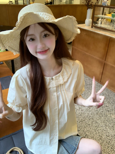 Actual shots~Korean style new summer tops, college style design, lace splicing, playful shirt with doll collar