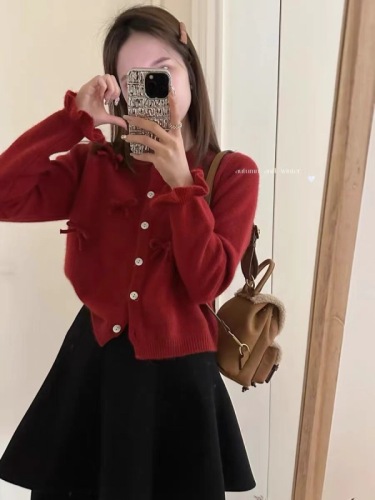 French red bow sweater cardigan for women spring and autumn design niche retro slim knitted jacket short