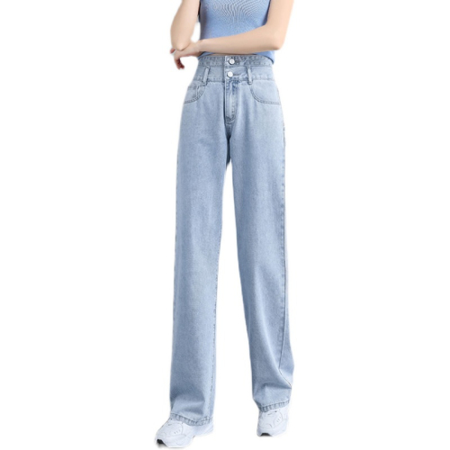 2024 Spring and Summer New High Waist Double Button Straight Jeans Women's Loose Casual Wide Leg Pants Versatile