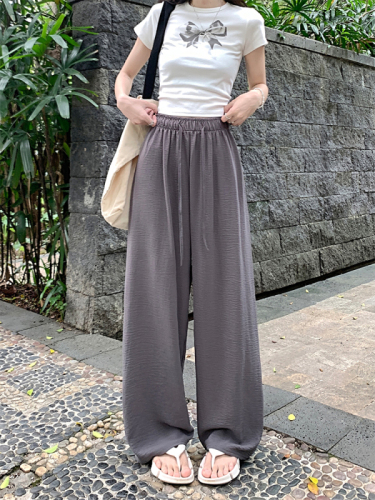 New loose slimming wide leg pants elastic waist drawstring straight solid color casual walking pants for women