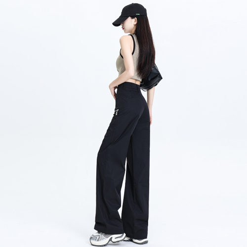 Real shot of summer thin loose high-waisted fashionable irregular wide-leg pants with zipper casual pants for women