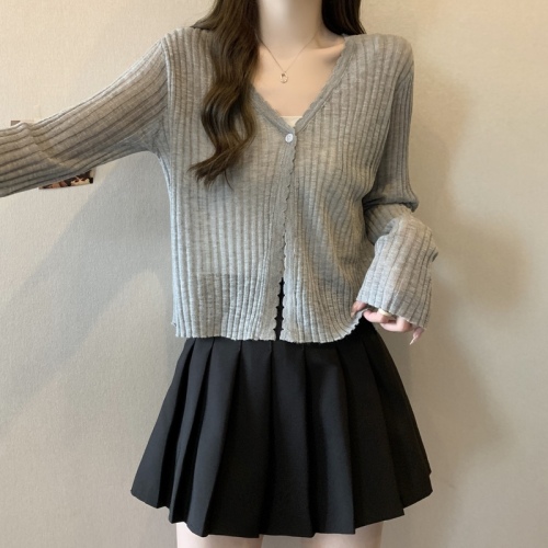 Large size ice silk sun protection cardigan thin women's summer shawl suspender skirt with blouse knitted top jacket