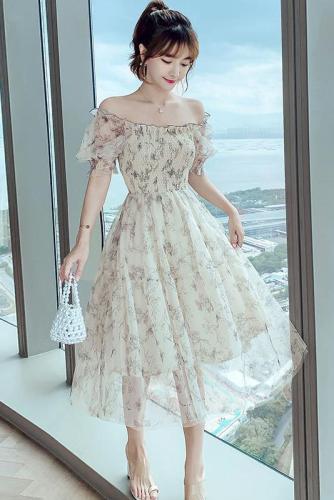 Original workmanship floral dress for women 2024 summer puff sleeve waist slimming and gentle style skirt