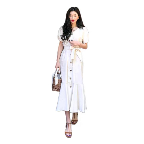 Korea's new retro literary style cotton and linen fishtail long dress with loose straps to tighten the waist and slim down the long skirt