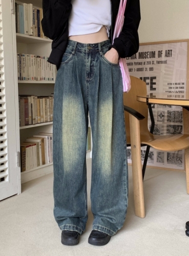 Autumn and winter high-waisted retro wide-leg jeans for women, loose floor-length casual pants, straight pants