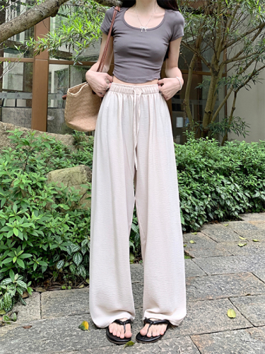 New loose slimming wide leg pants elastic waist drawstring straight solid color casual walking pants for women