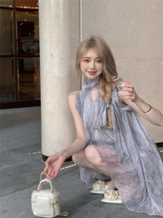 Real shot and real price printed Chinese style skirt fairy style goddess style gentle style sleeveless halter neck dress