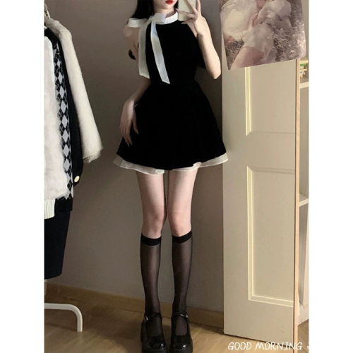 French sweet and spicy style high-waisted slim bow-knot sleeveless halterneck dress for small women black short skirt summer