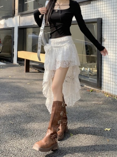 Actual shot and real price ~ Romantic lace irregular niche design versatile high-waisted slimming white skirt for women