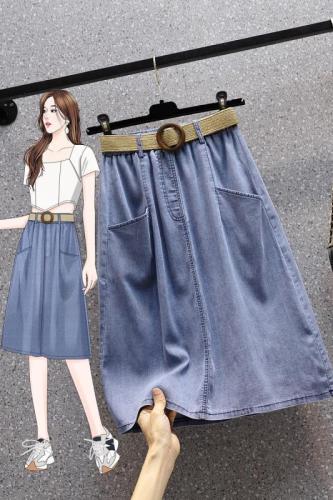 Real shot of summer large size elastic waist Tencel mid-length denim skirt for fat girls, thin, loose and slim A-line skirt