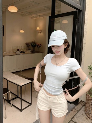 Slim big U-neck T short-sleeved T-shirt summer solid color versatile slim fit top