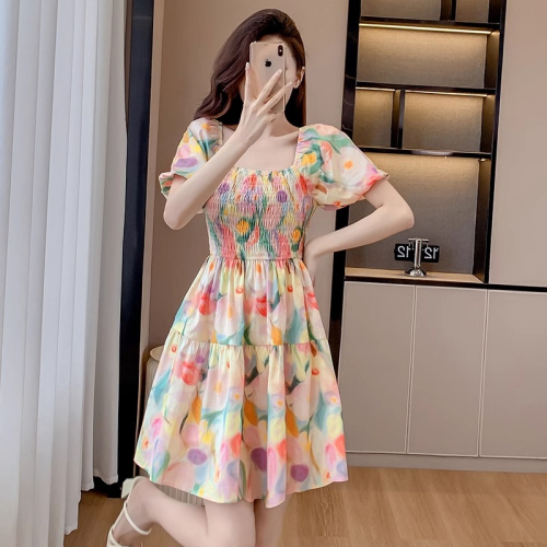 French gentle style dress for women summer new sweet puff sleeve waist waist floral skirt for little people