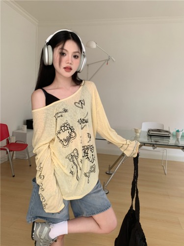 Actual shot of lazy cartoon print thin long-sleeved T-shirt women's loose sun protection blouse top