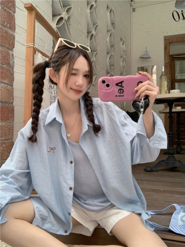 New Korean style thin sunscreen long-sleeved shirt for women, loose and chic niche top + solid color suspenders