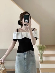 One-line collar hot girl off-shoulder short-sleeved top women's summer slimming T-shirt bottoming shirt chic short camisole