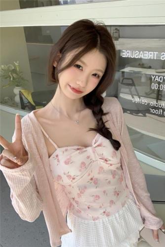 Summer Korean style small fresh floral camisole + short knitted cardigan sun protection shirt set for women