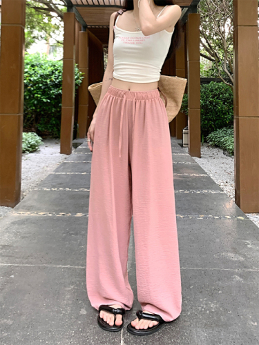 New loose slimming wide leg pants elastic waist drawstring straight solid color casual walking pants for women