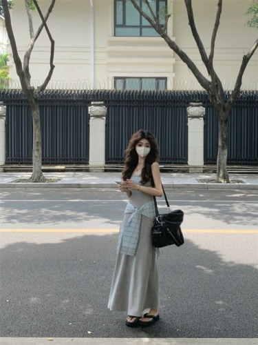 Real shot#Fake two-piece printed suspender dress for women summer design waist slimming vest long skirt