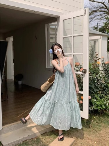 Mint green tie-dye suspender dress for women summer fresh and loose holiday long dress