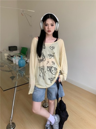 Actual shot of lazy cartoon print thin long-sleeved T-shirt women's loose sun protection blouse top