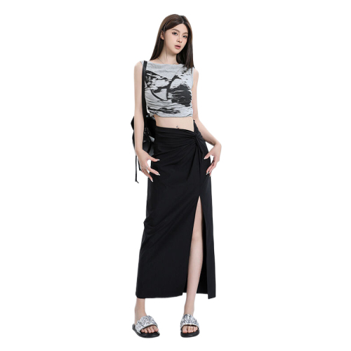 Real shot of women's summer 2024 new high-waist slim straight skirt with slits and long skirt