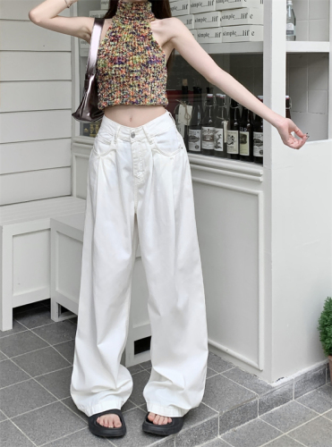 ~Vintage washed jeans women's high-waisted straight wide-leg slim and drapey floor-length trousers