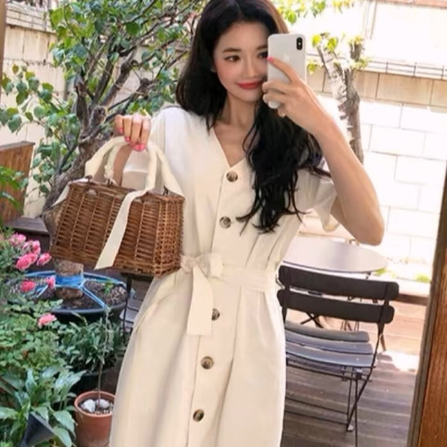 Korea's new retro literary style cotton and linen fishtail long dress with loose straps to tighten the waist and slim down the long skirt