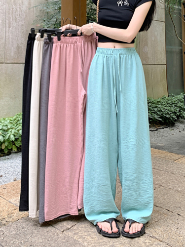 New loose slimming wide leg pants elastic waist drawstring straight solid color casual walking pants for women