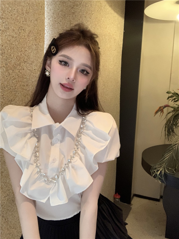 Real shot, real price, pure desire, ruffled pleated studded short shirt, women's summer niche hot girl slimming top