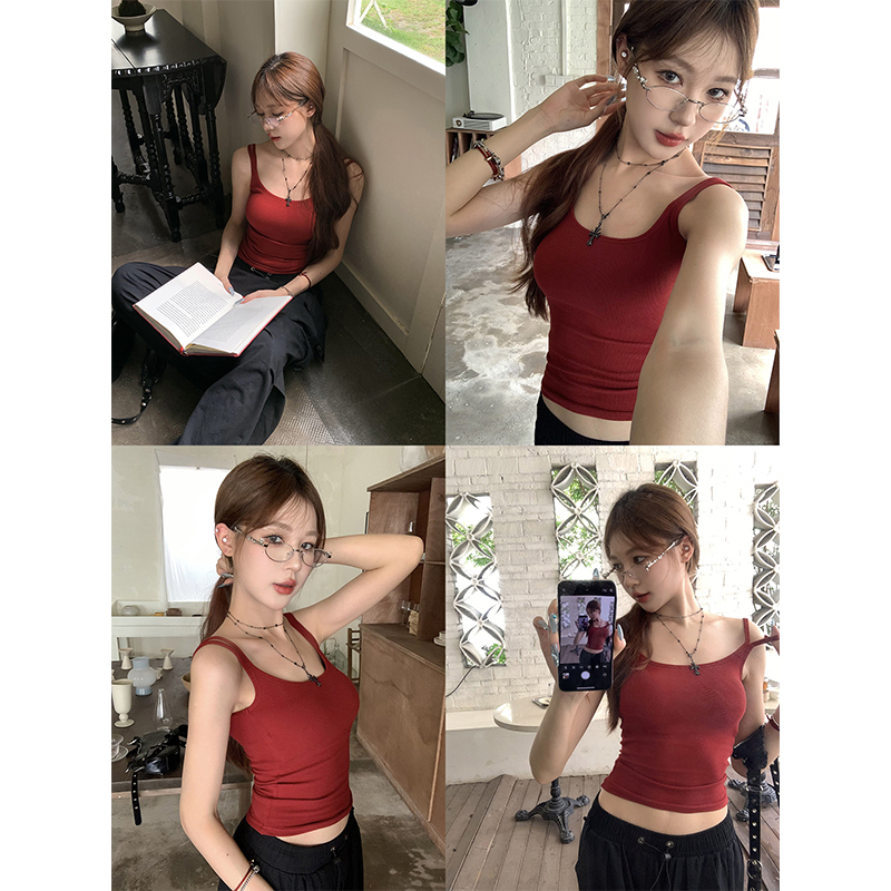 Already shipped red camisole women's sports bottoming short top with breast pads