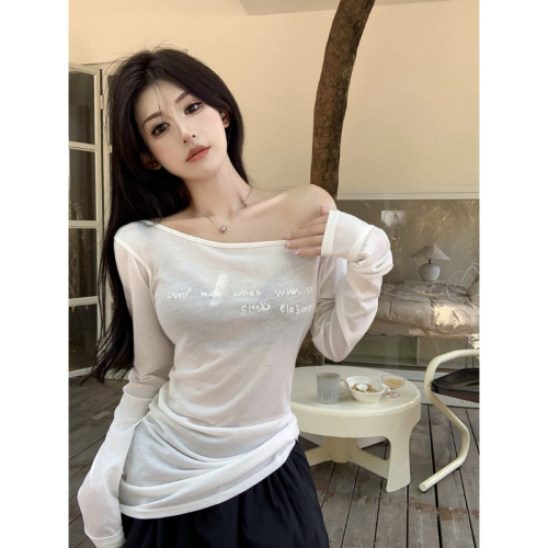 Pure lust hot girl letter printed slant collar T-shirt women's summer see-through long-sleeved sun protection top