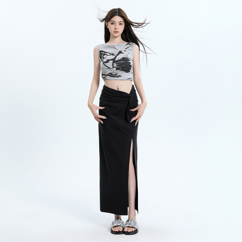 Real shot of women's summer 2024 new high-waist slim straight skirt with slits and long skirt