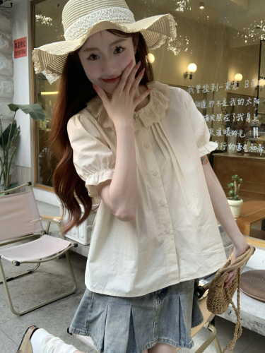 Actual shots~Korean style new summer tops, college style design, lace splicing, playful shirt with doll collar