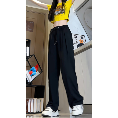 Thin, cool ice silk trousers for women, summer high-end trendy brand floor-length trousers, loose wide-leg straight casual trousers