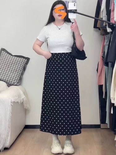 66299 Non-real shot black polka dot casual skirt for women summer large size high waist slim mid-length a-line skirt