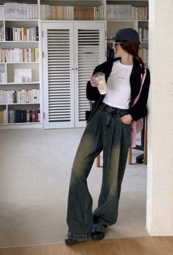 Autumn and winter high-waisted retro wide-leg jeans for women, loose floor-length casual pants, straight pants