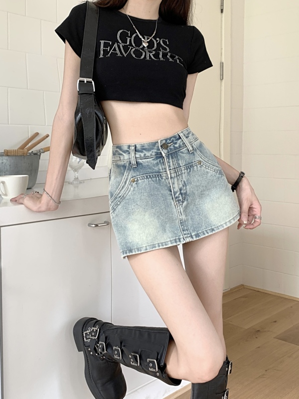 Real shot~High-waisted denim skirt summer new hot girl hip-covering miniskirt A-line skirt skirt culottes