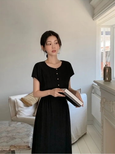 Update chic Korean style summer temperament, gentle and sweet, round neck, single-breasted, waist slimming, short-sleeved, fresh dress