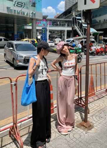 Thin casual pants with drapey silky smooth wrinkled pants with design elastic waist slimming wide leg pants solid color simple trousers for summer