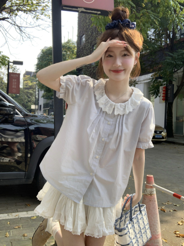 Actual shots~Korean style new summer tops, college style design, lace splicing, playful shirt with doll collar