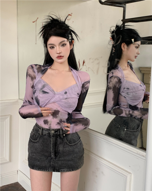 Spring and summer new niche style tie-dye see-through tulle sexy slim fit bottoming shirt
