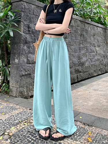 New loose slimming wide leg pants elastic waist drawstring straight solid color casual walking pants for women