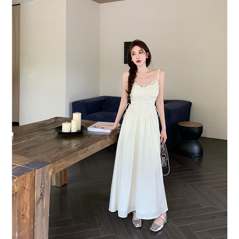 Light luxury limited edition rhinestone pleated waist dress feminine mid-length skirt for women