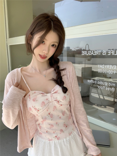 Summer Korean style small fresh floral camisole + short knitted cardigan sun protection shirt set for women