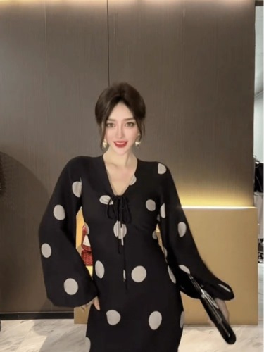 Big C brother 2024 summer new style V-neck French style lantern long-sleeved polka dot fashion loose and slim dress for women