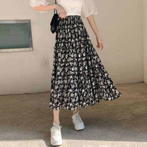 Summer floral chiffon pleated high-waisted skirt for women summer new small A-line skirt long skirt