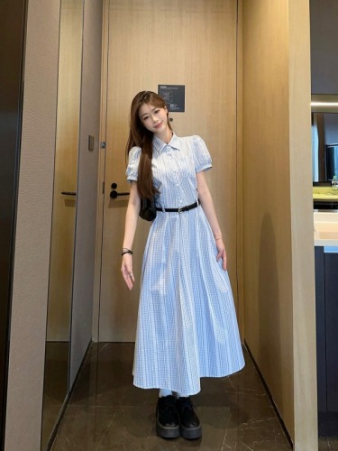 Actual shot ~ Korean style waist slimming striped short-sleeved artistic exquisite shirt dress